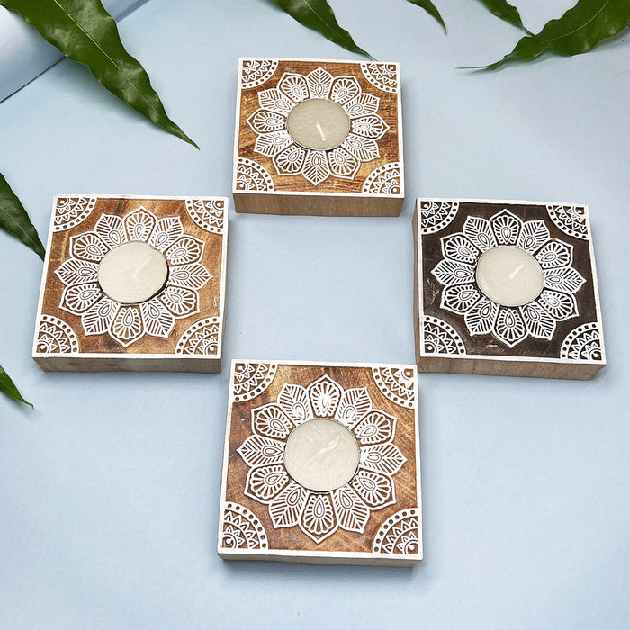 Traditional Indian Handblock Wooden Candle Holder Set – Perfect for Diwali and Gifting
