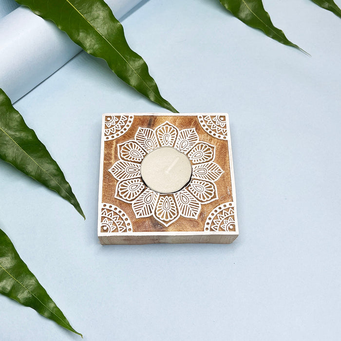 Square Wooden Tea Light Candle Holders with Intricate Handblock Art – Rustic Home Décor