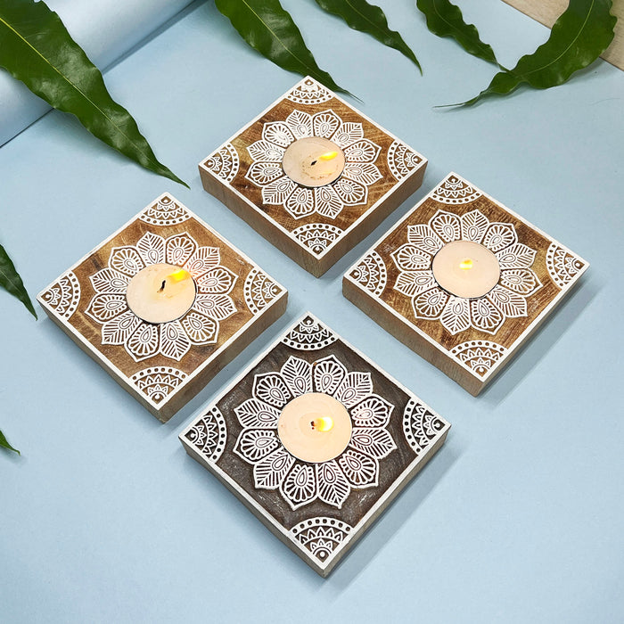 Square Wooden Tea Light Candle Holders with Intricate Handblock Art – Rustic Home Décor