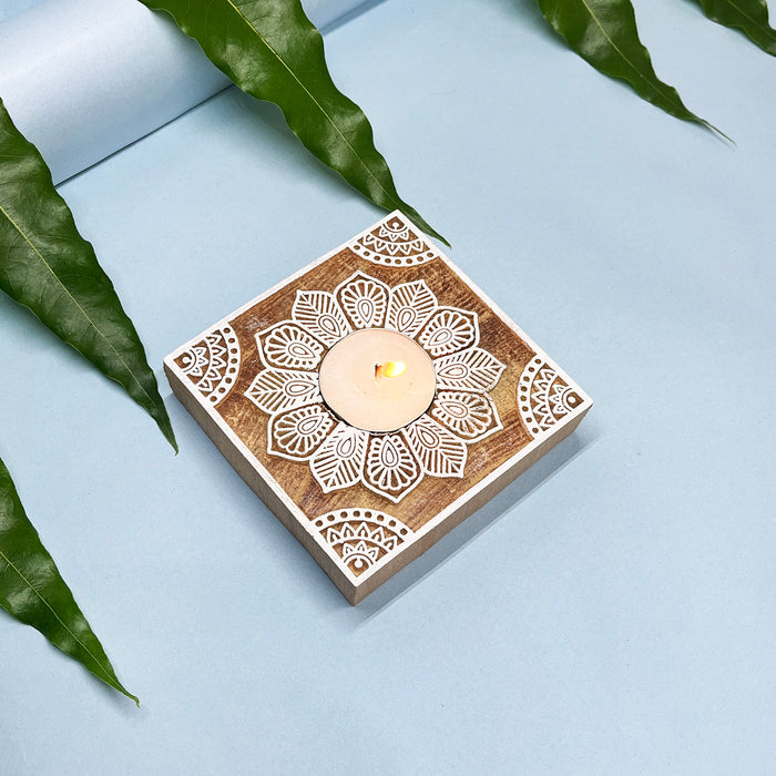 Square Wooden Tea Light Candle Holders with Intricate Handblock Art – Rustic Home Décor
