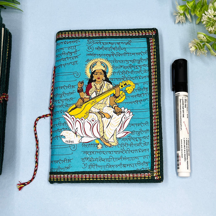 Indian handicrafts diary with Goddess Saraswati print on blue background