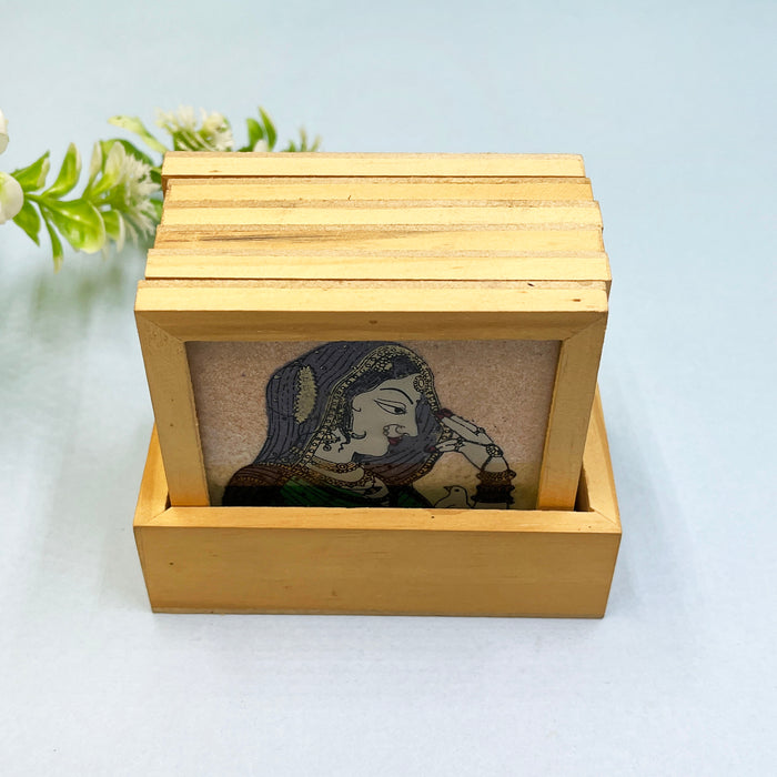 Elegant Wooden Coaster Set with Vibrant Traditional Prints