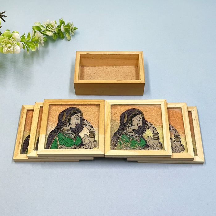 Elegant Wooden Coaster Set with Vibrant Traditional Prints