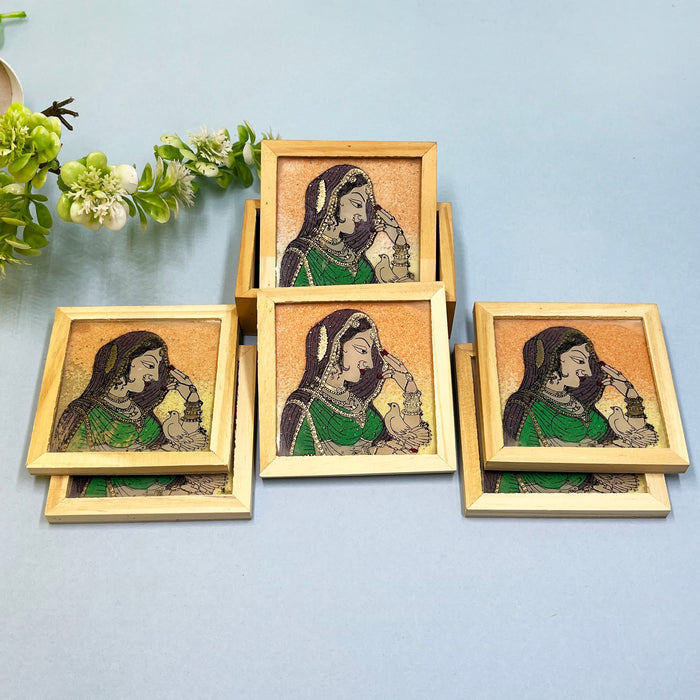 Elegant Wooden Coaster Set with Vibrant Traditional Prints