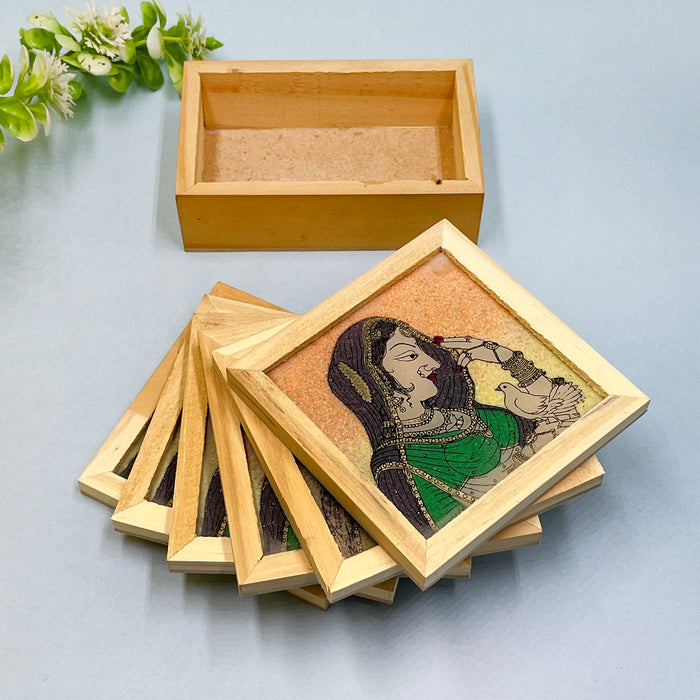Elegant Wooden Coaster Set with Vibrant Traditional Prints