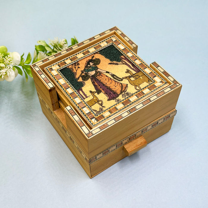 Handcrafted Wooden Coaster Set with Traditional Art Print