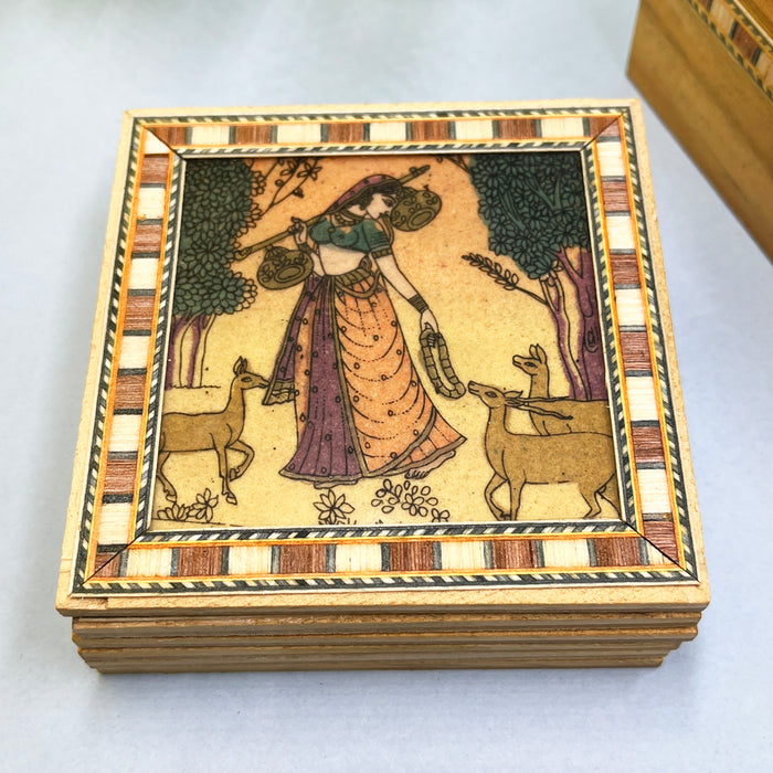 Handcrafted Wooden Coaster Set with Traditional Art Print