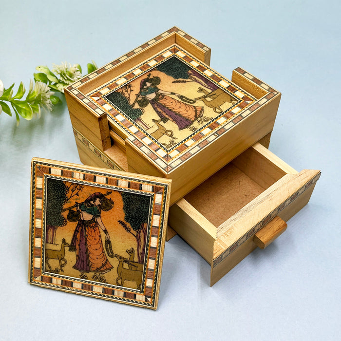 Handcrafted Wooden Coaster Set with Traditional Art Print
