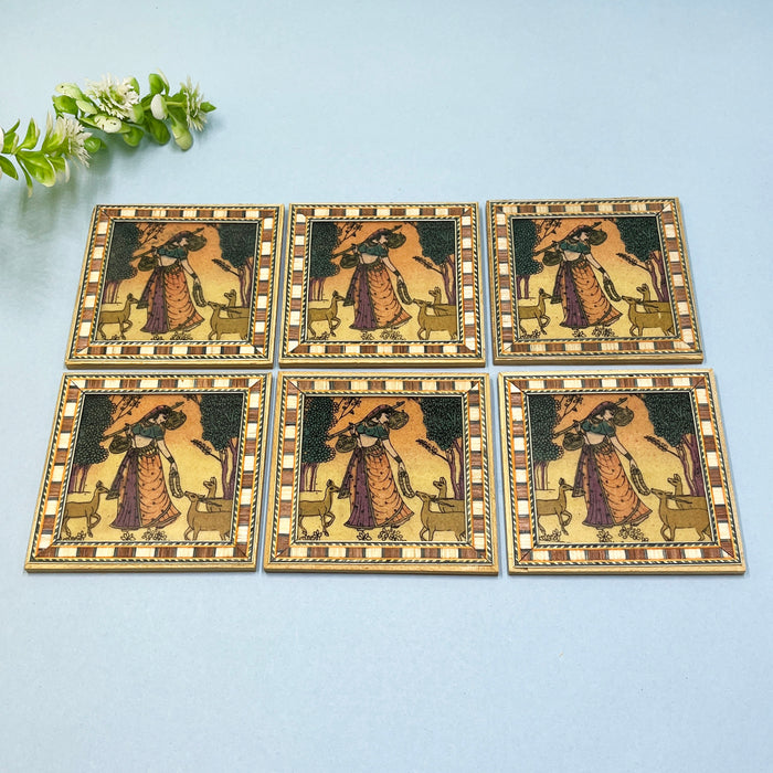 Handcrafted Wooden Coaster Set with Traditional Art Print