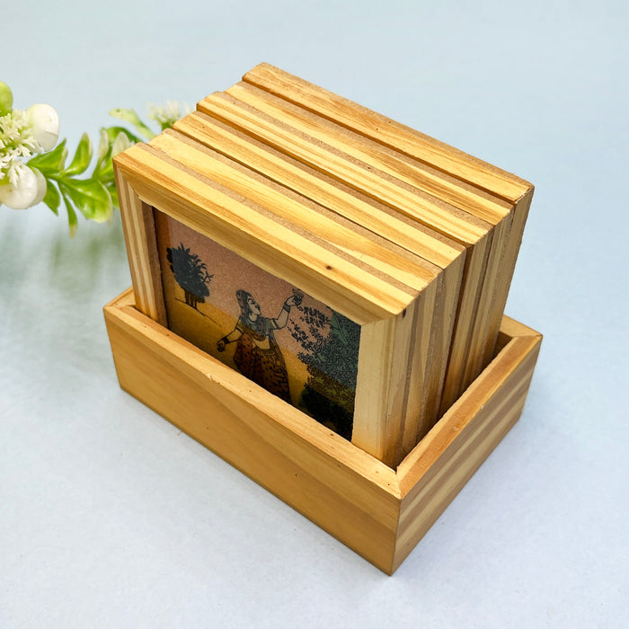 Elegant Wooden Tea Coaster Set with Traditional Artwork