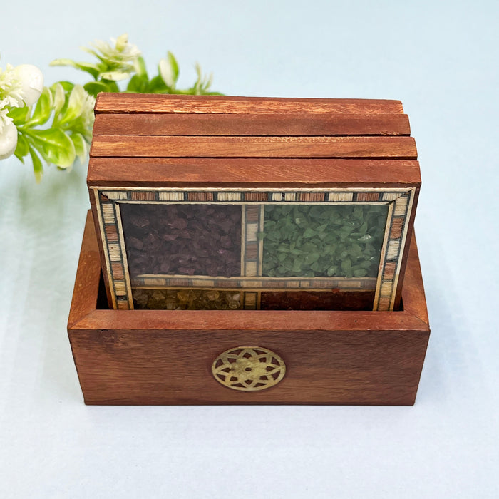 Unique Wooden Coaster Set with Colorful Stone Inlay