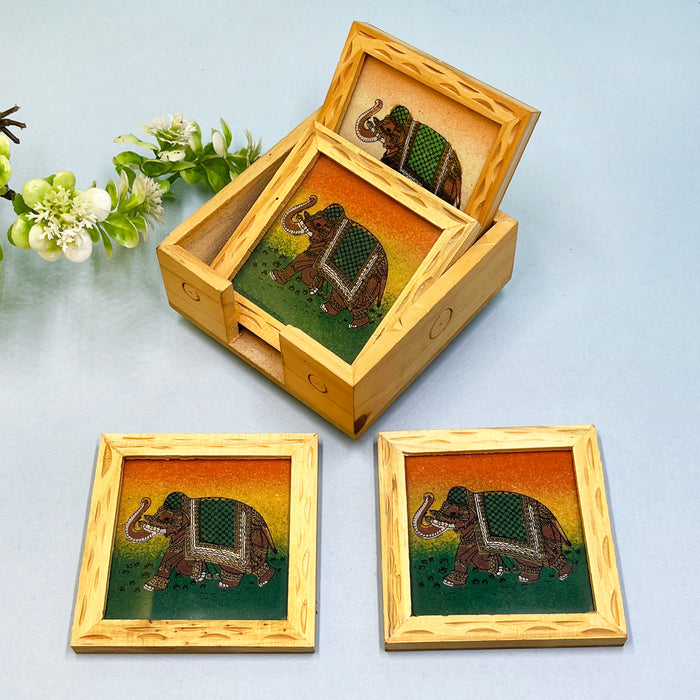 Traditional Wooden Coaster Set with Elephant Artwork