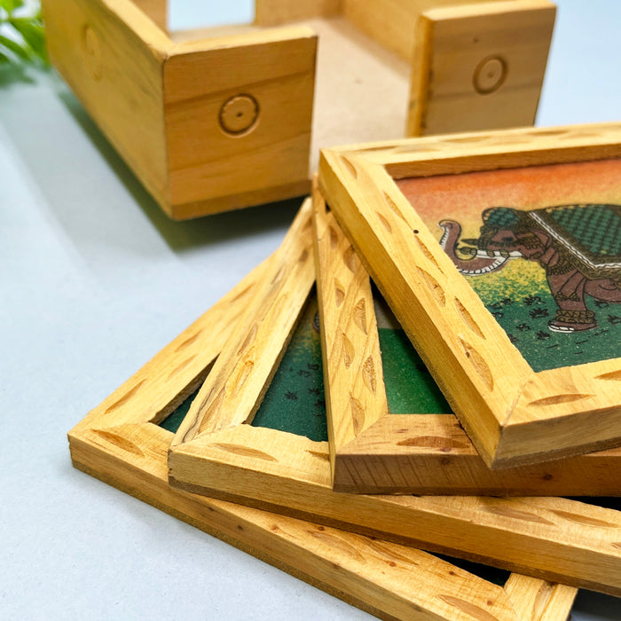 Traditional Wooden Coaster Set with Elephant Artwork
