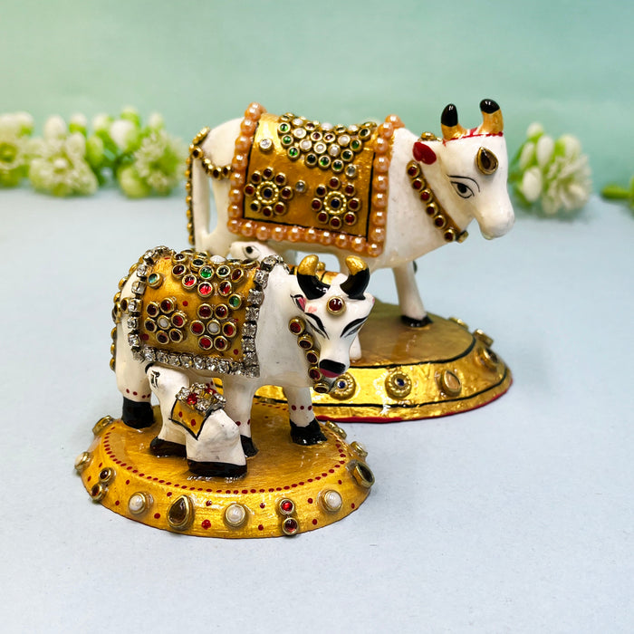 Elegant Meenakari Cow and Calf Set with Golden Embellishments