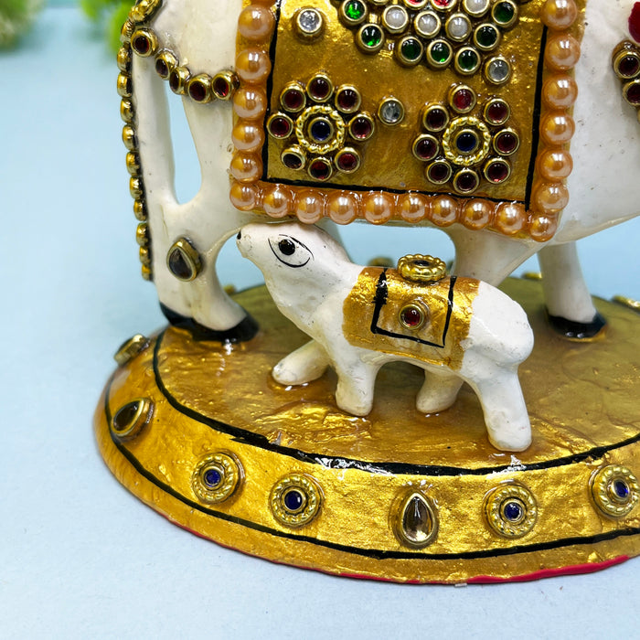 Elegant Meenakari Cow and Calf Set with Golden Embellishments