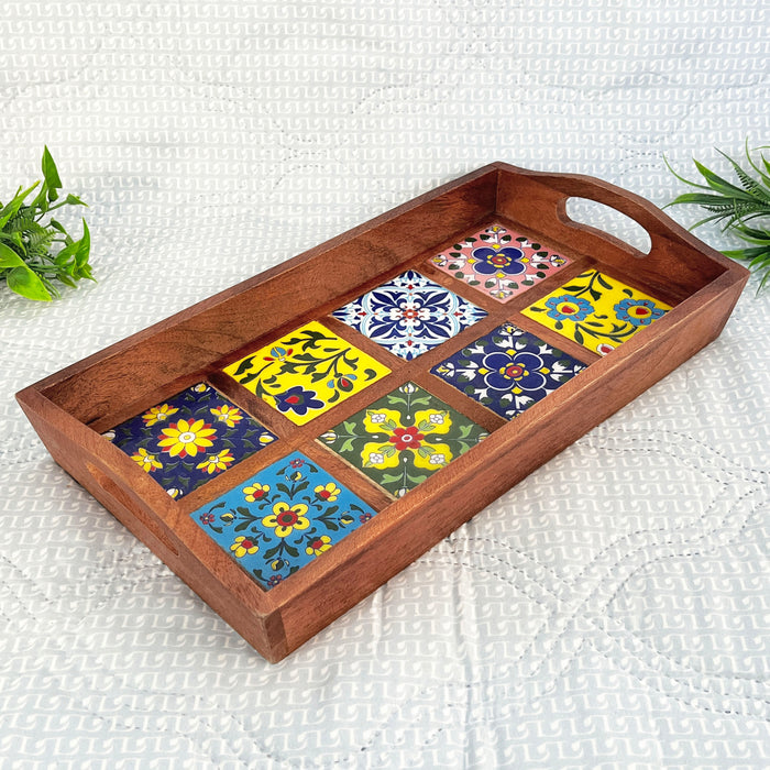 Elegant Wooden Ceramic Tray with 8 Artistic Tiles - 39x21x7 cm