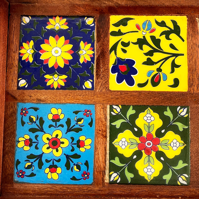 Elegant Wooden Ceramic Tray with 8 Artistic Tiles - 39x21x7 cm
