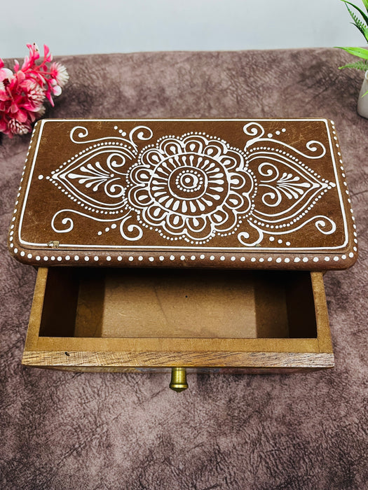 Handcrafted Wooden Box with Ceramic Tile Drawer – Decorative Storage Organizer