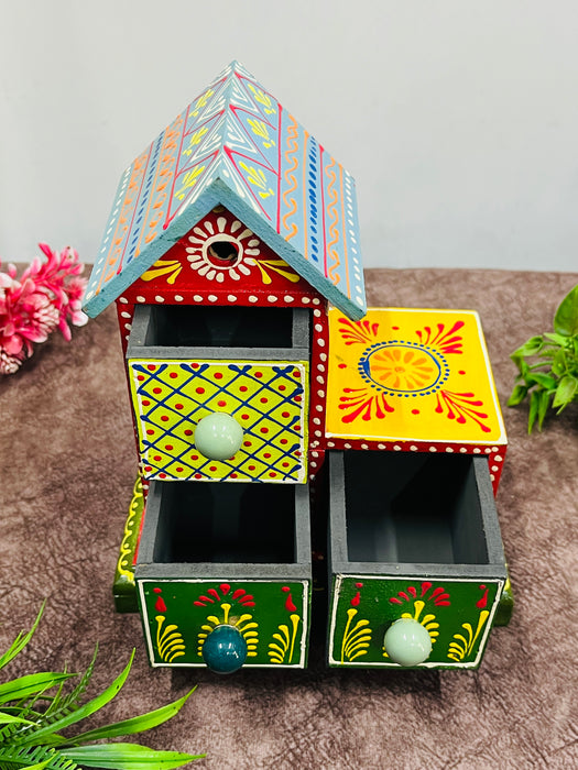Handcrafted Wooden Painted 3-Drawer Chest | Decorative House-Shaped Jewelry & Storage Box