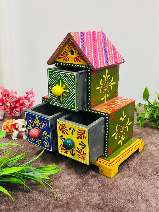 Handmade Wooden Hand-Painted House Shaped Drawer Chest – Colorful Jewelry & Trinket Organizer