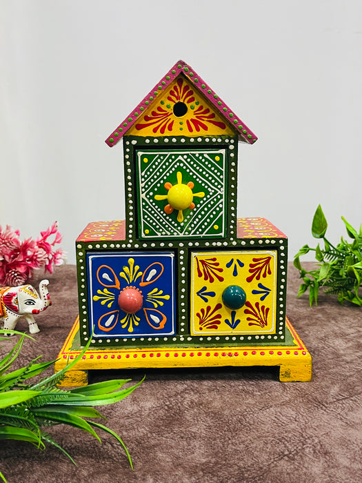 Handcrafted Wooden Painted 3-Drawer Chest | Decorative House-Shaped Jewelry & Storage Box