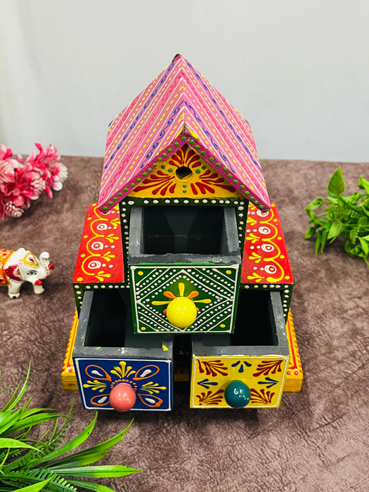 Handmade Wooden Hand-Painted House Shaped Drawer Chest – Colorful Jewelry & Trinket Organizer