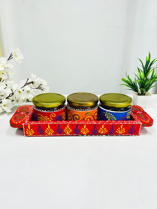 Hand-Painted Decorative Jars Set with Wooden Tray – Traditional Indian Art Gift Set