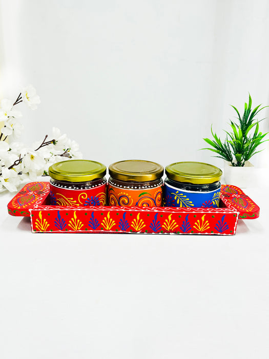 Hand-Painted Decorative Jars Set with Wooden Tray – Traditional Indian Art Gift Set