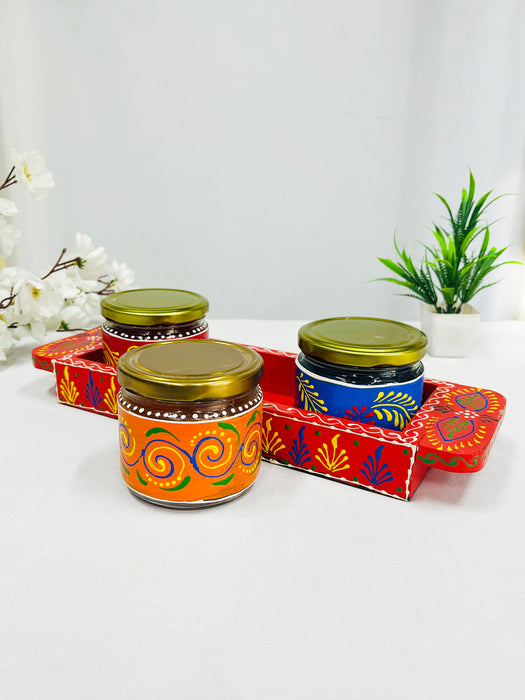 Hand-Painted Decorative Jars Set with Wooden Tray – Traditional Indian Art Gift Set