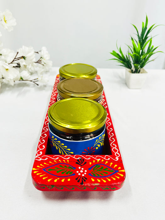 Hand-Painted Decorative Jars Set with Wooden Tray – Traditional Indian Art Gift Set