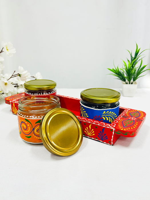 Hand-Painted Decorative Jars Set with Wooden Tray – Traditional Indian Art Gift Set