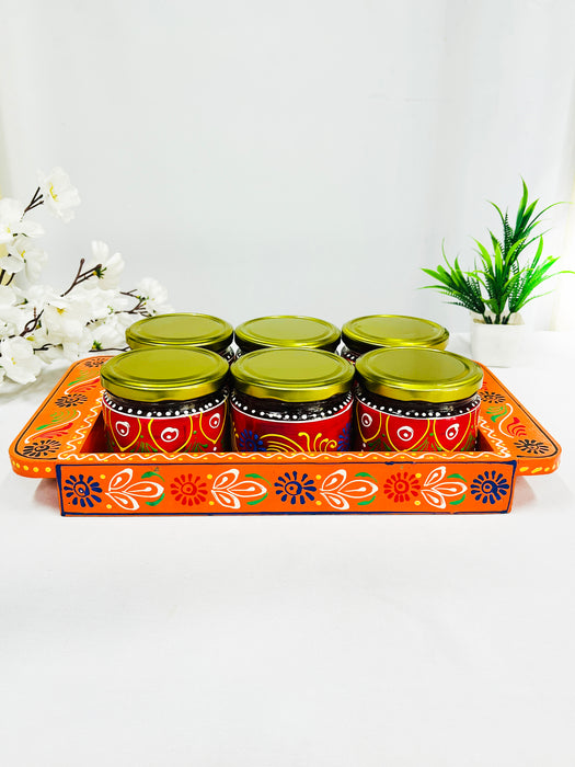 Hand-Painted 6 Jar Set with Wooden Tray – Traditional Decorative Storage & Gift Set