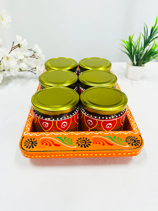 Hand-Painted 6 Jar Set with Wooden Tray – Traditional Decorative Storage & Gift Set