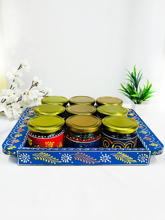 Hand-Painted 9 Jar Set with Blue Wooden Tray – Indian Decorative Gift & Storage Set