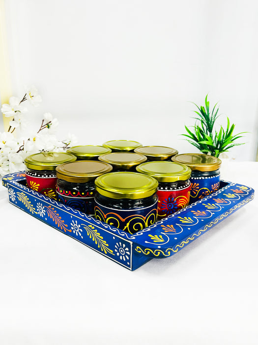 Hand-Painted 9 Jar Set with Blue Wooden Tray – Indian Decorative Gift & Storage Set