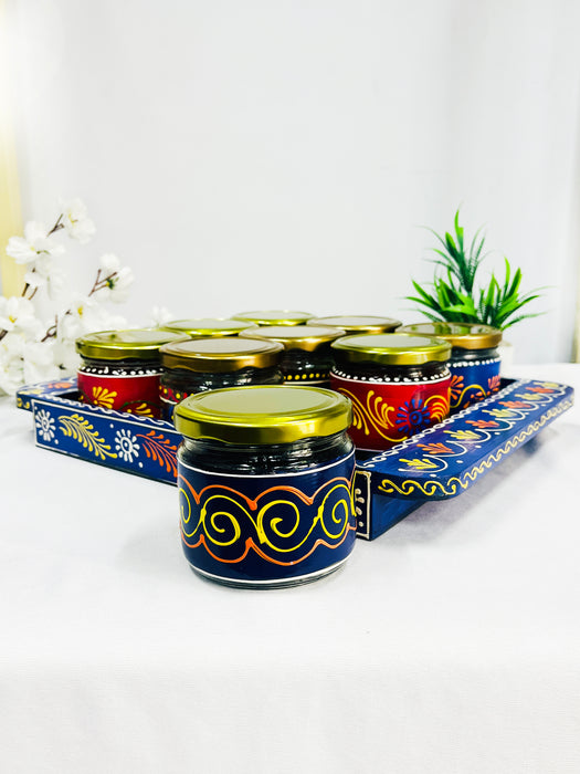 Hand-Painted 9 Jar Set with Blue Wooden Tray – Indian Decorative Gift & Storage Set