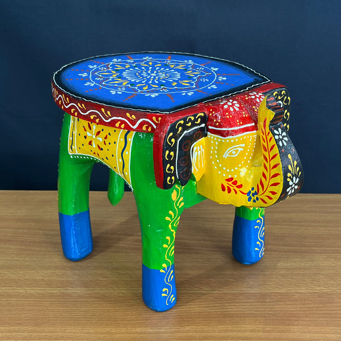 Handmade Wooden Elephant Stool with Decorative Accent Table in Vibrant Painting