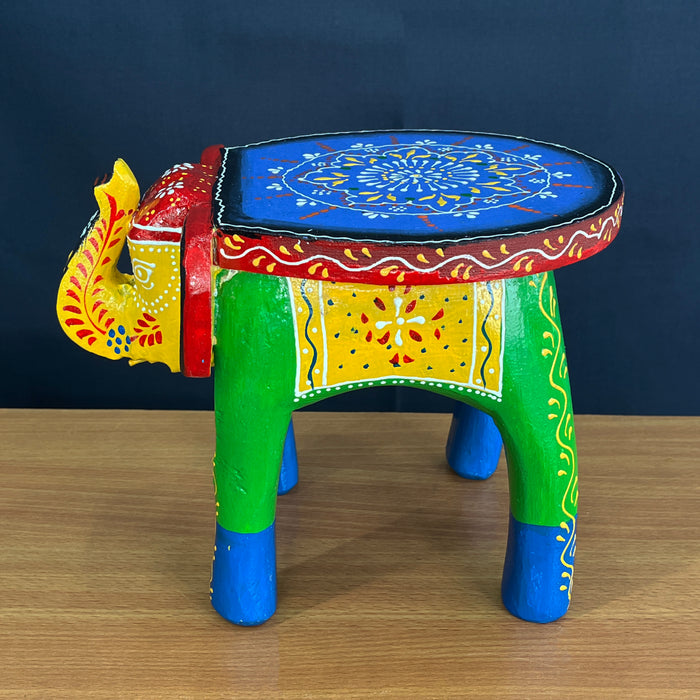 Handmade Wooden Elephant Stool with Decorative Accent Table in Vibrant Painting