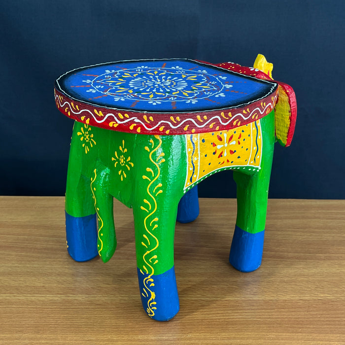 Handmade Wooden Elephant Stool with Decorative Accent Table in Vibrant Painting