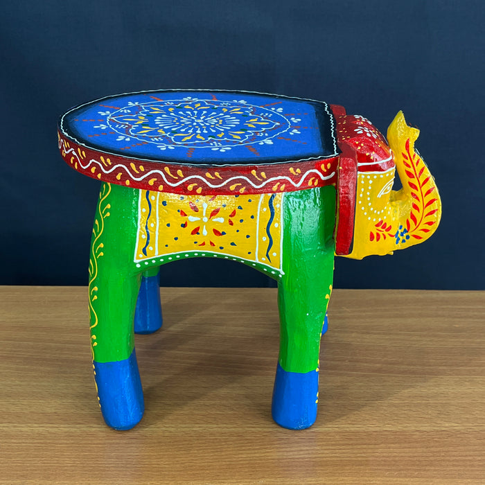 Handmade Wooden Elephant Stool with Decorative Accent Table in Vibrant Painting