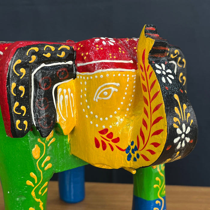 Handmade Wooden Elephant Stool with Decorative Accent Table in Vibrant Painting