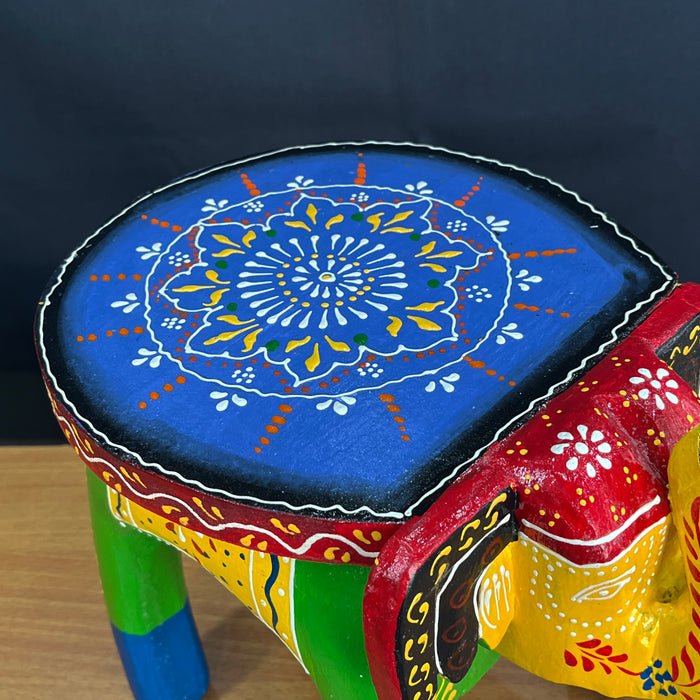 Handmade Wooden Elephant Stool with Decorative Accent Table in Vibrant Painting