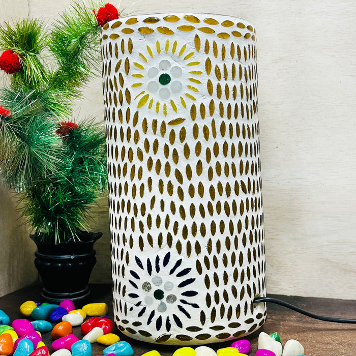 Handcrafted Cylindrical Mosaic Table Lamp – Golden & White Glass Light
