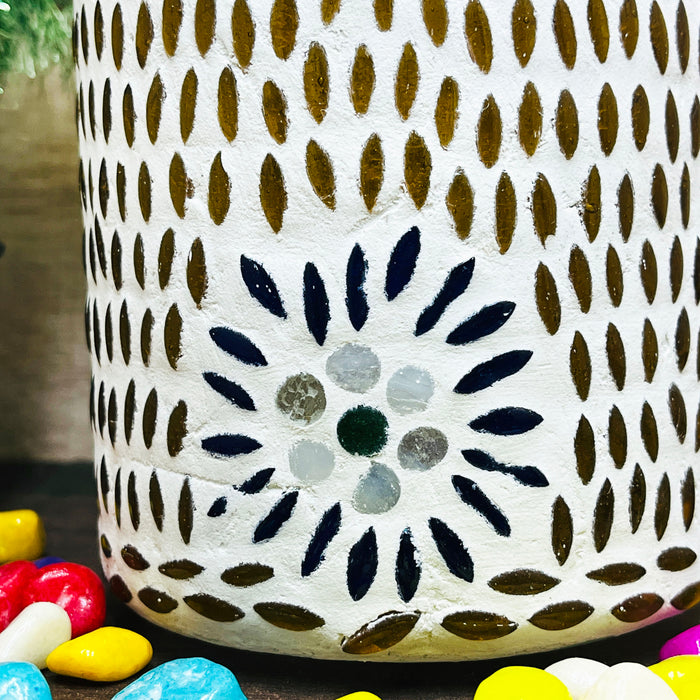 Handcrafted Cylindrical Mosaic Table Lamp – Golden & White Glass Light