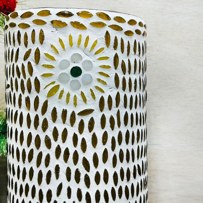 Handcrafted Cylindrical Mosaic Table Lamp – Golden & White Glass Light