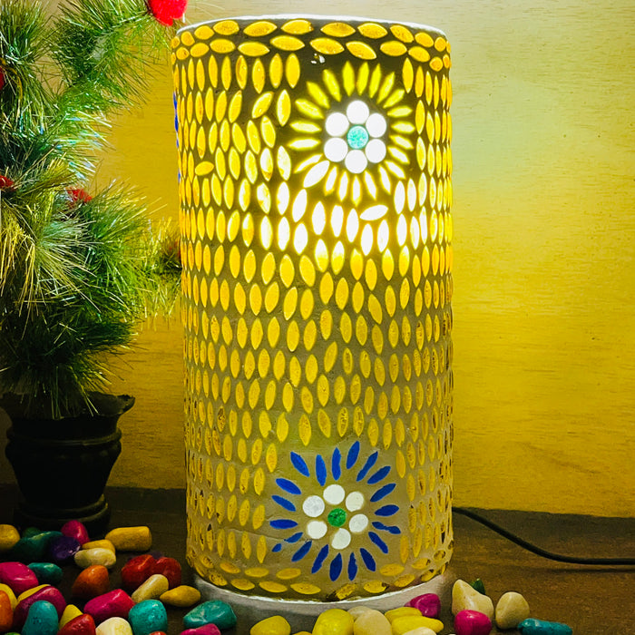 Handcrafted Cylindrical Mosaic Table Lamp – Golden & White Glass Light