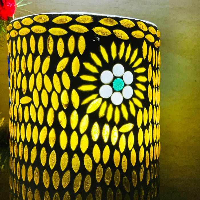 Handcrafted Cylindrical Mosaic Table Lamp – Golden & White Glass Light