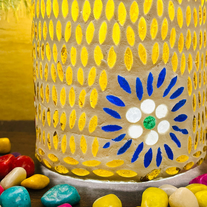 Handcrafted Cylindrical Mosaic Table Lamp – Golden & White Glass Light