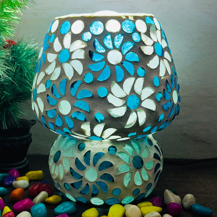 Handcrafted Blue Floral Mosaic Glass Table Lamp – Artistic Home & Bedroom Decor Light