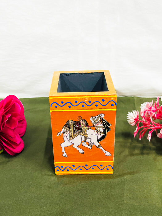 Handcrafted Rajasthani Camel Painting Wooden Pen Stand – Orange